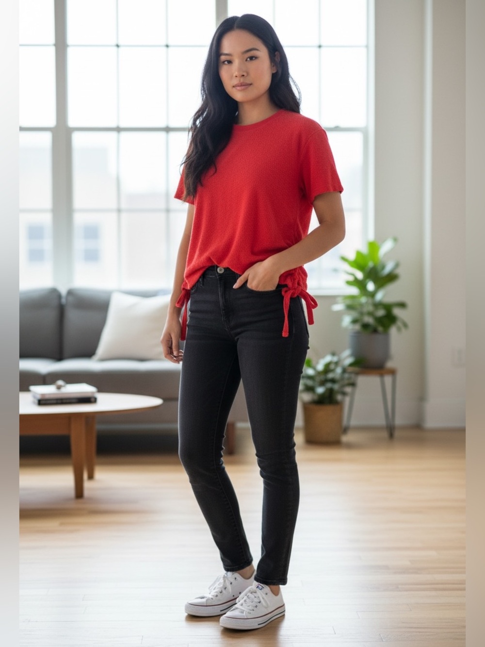 Madewell Relaxed Red Tie Front Tee